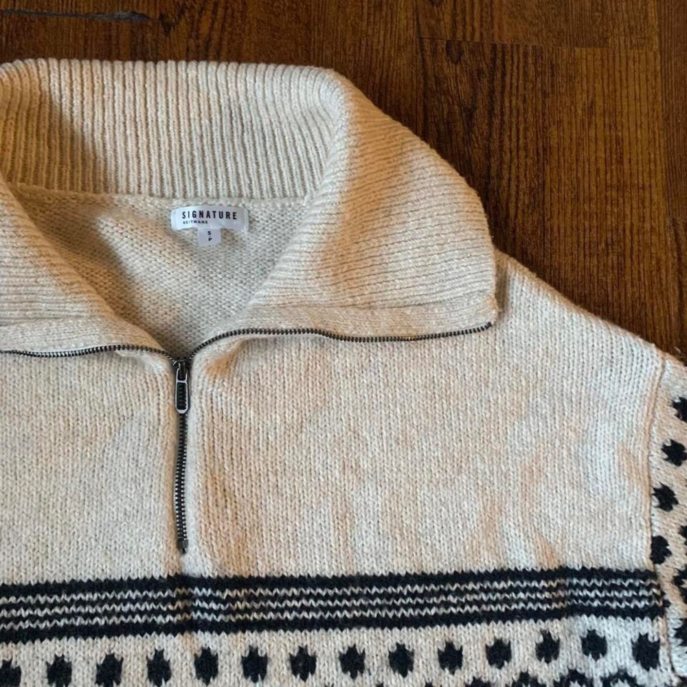 Reitmans Cream Black Fair Isle Half Zip Knit Sweater Size Small Cozy Winter - Picture 2 of 8